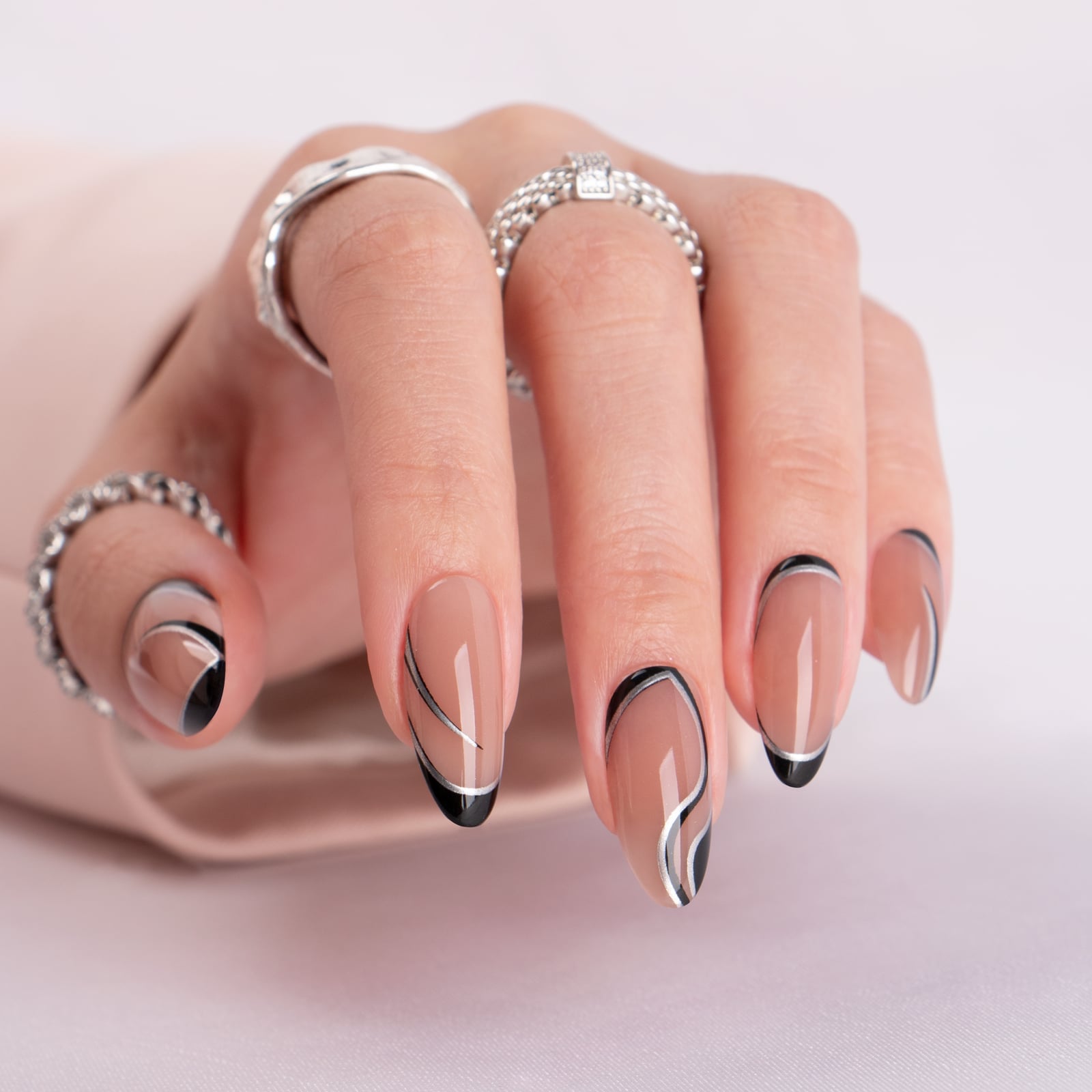 Long Almond Black Silver Abstract Line French Long Almond Black Silver Abstract Line French — Trendy Almond Nails French
