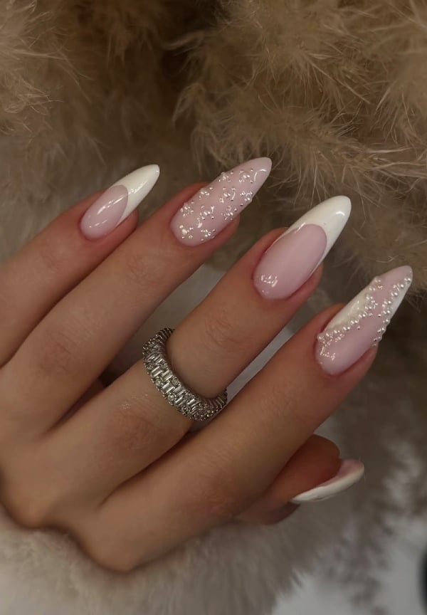 Long Almond Pearl Embellished French Long Almond Pearl Embellished French — Trendy Almond Nails French