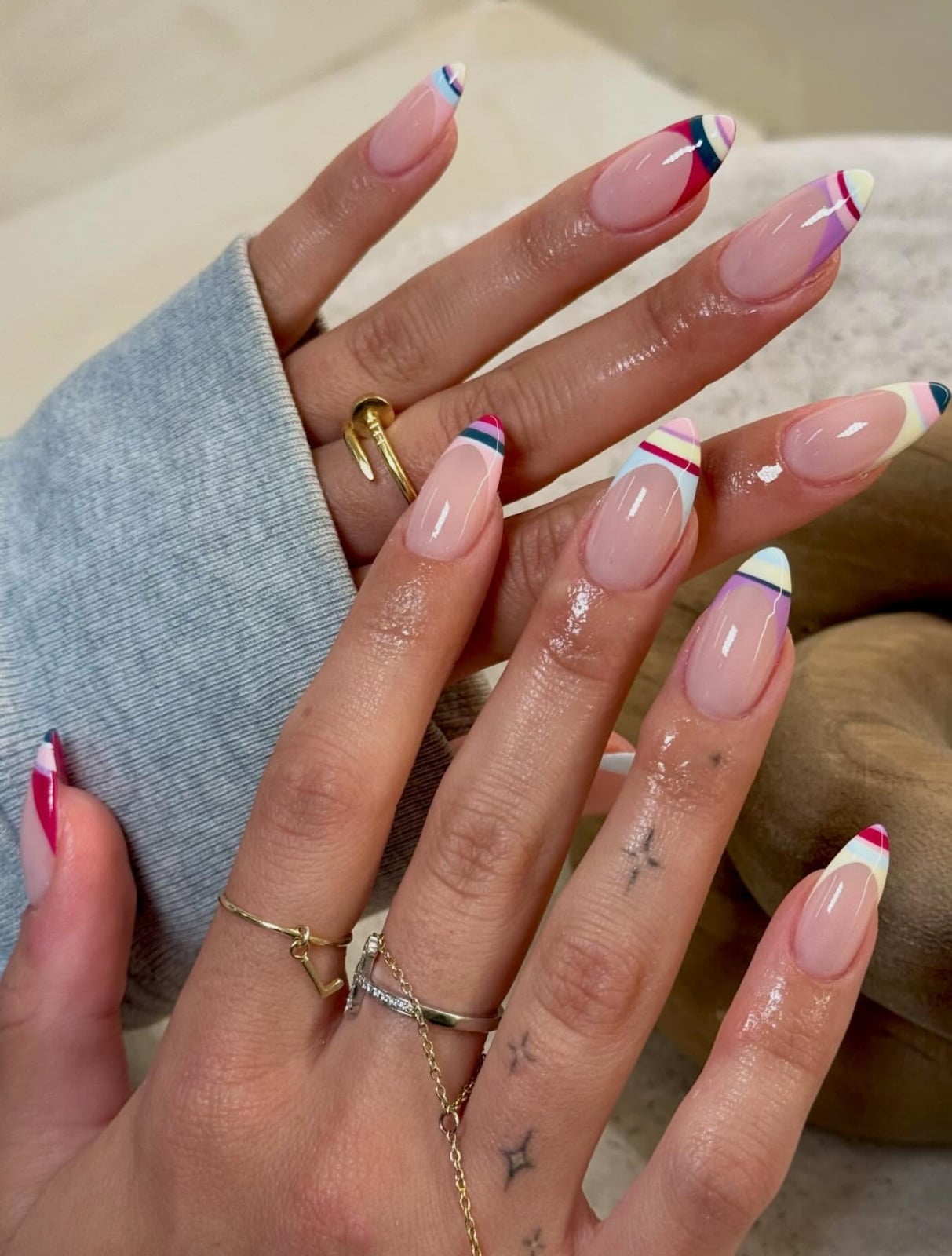 Long Almond Multicolor Striped French Long Almond Multicolor Striped French — Trendy Almond Nails French
