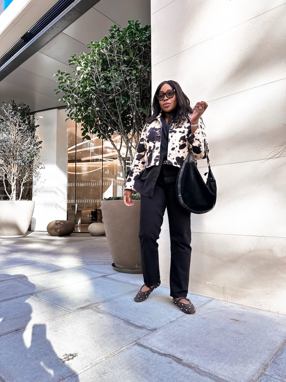 Cropped Cow Print Jacket and Black Pants Cropped Cow Print Jacket and Black Pants — Trendy Animal Print Outfits