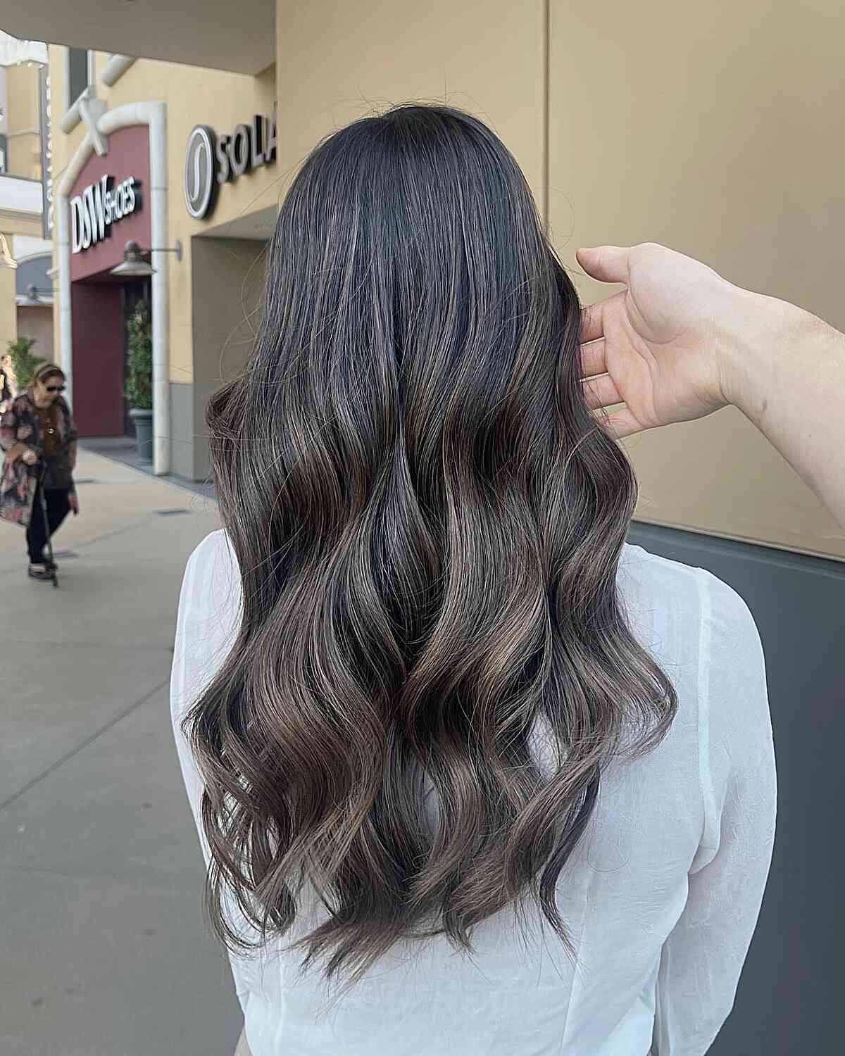 Mid-Back Ash Brown Balayage With Loose Waves — Trendy Ash Brown Hair