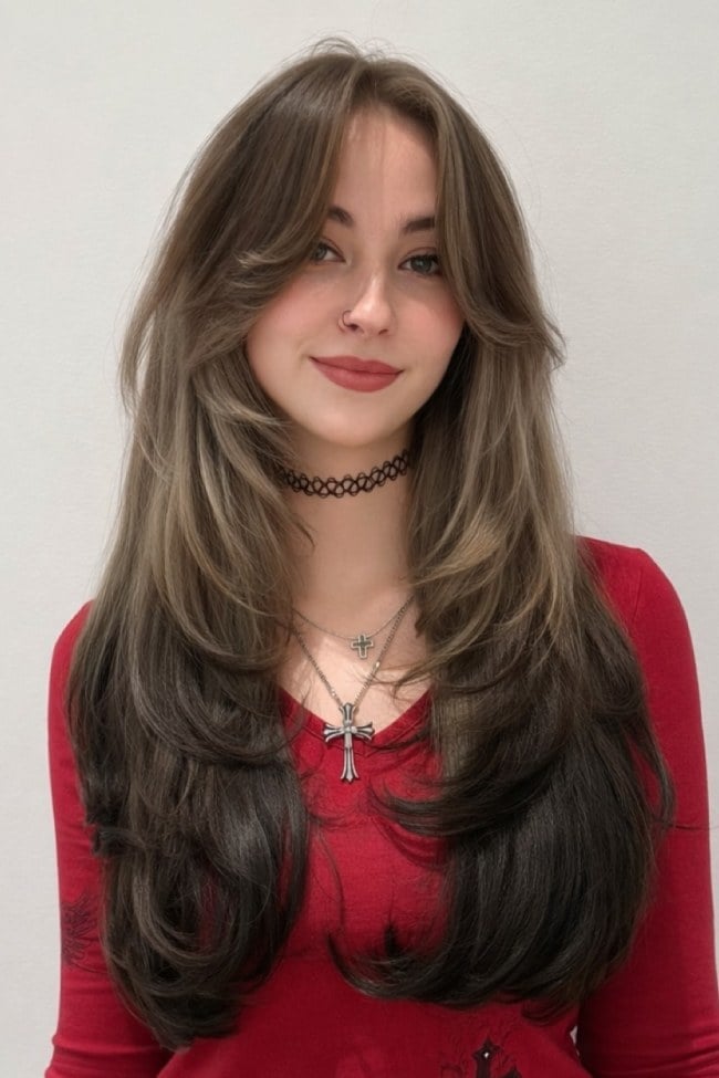 Mid-Back Ash Brown With Ash Blonde Highlights and Curtain Bangs — Trendy Ash Brown Hair