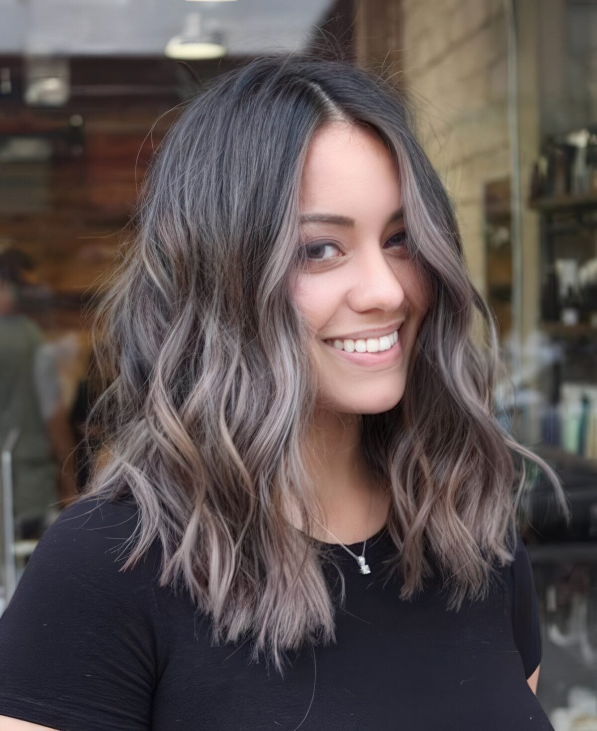 Collarbone Lob Ash Brown With Ash Blonde Highlights, Close-Up Take — Trendy Ash Brown Hair