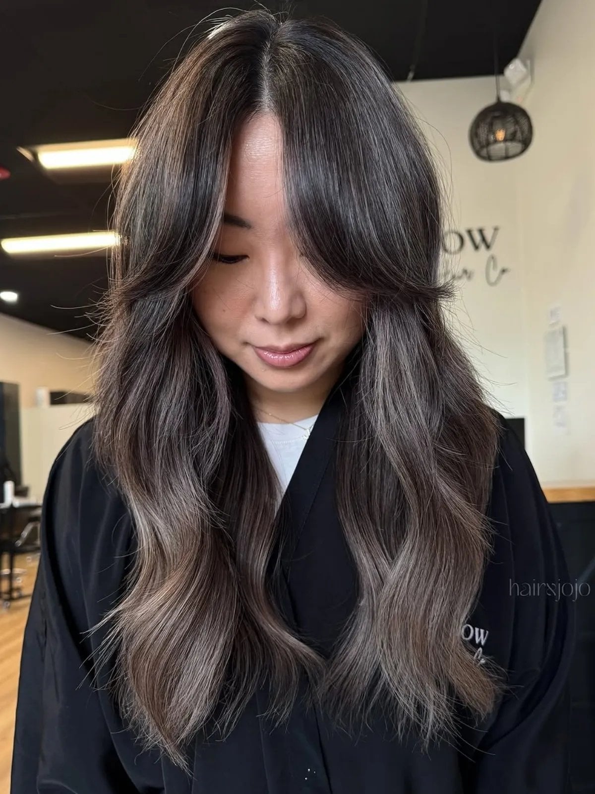 Mid-Back Ash Brown With Ash Blonde Balayage and Glossy Finish — Trendy Ash Brown Hair