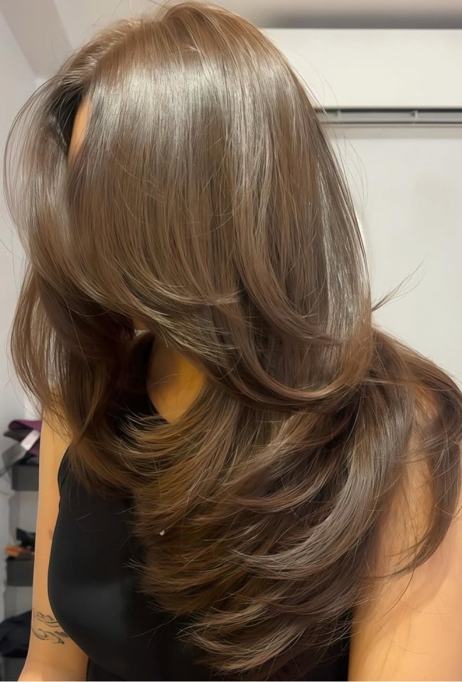 Long Ash Brown With Layers and Curtain Bangs — Trendy Ash Brown Hair