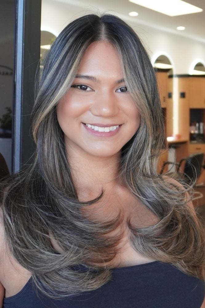 Mid-Back Ash Brown With Lighter Balayage, Layers — Trendy Ash Brown Hair