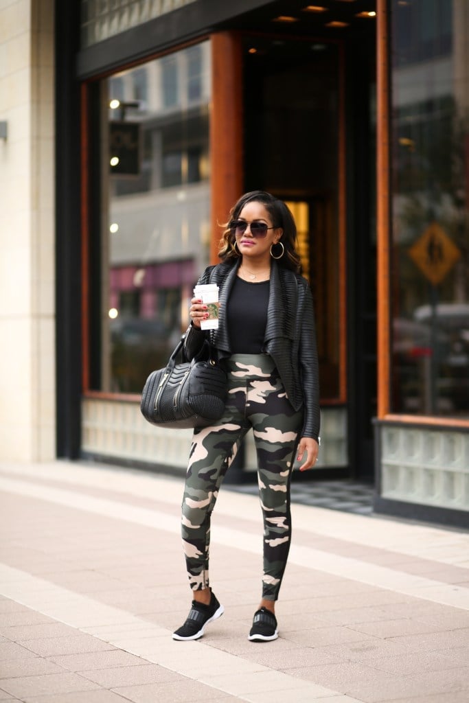 Textured Jacket with Camouflage Leggings — Trendy Athleisure Outfits