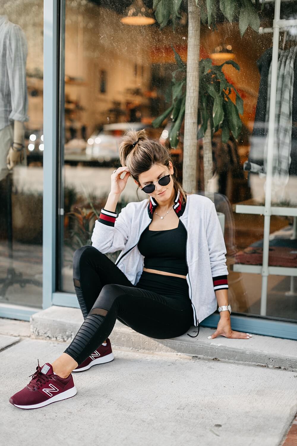Bomber Jacket Over Mesh Set with Maroon Sneakers — Trendy Athleisure Outfits