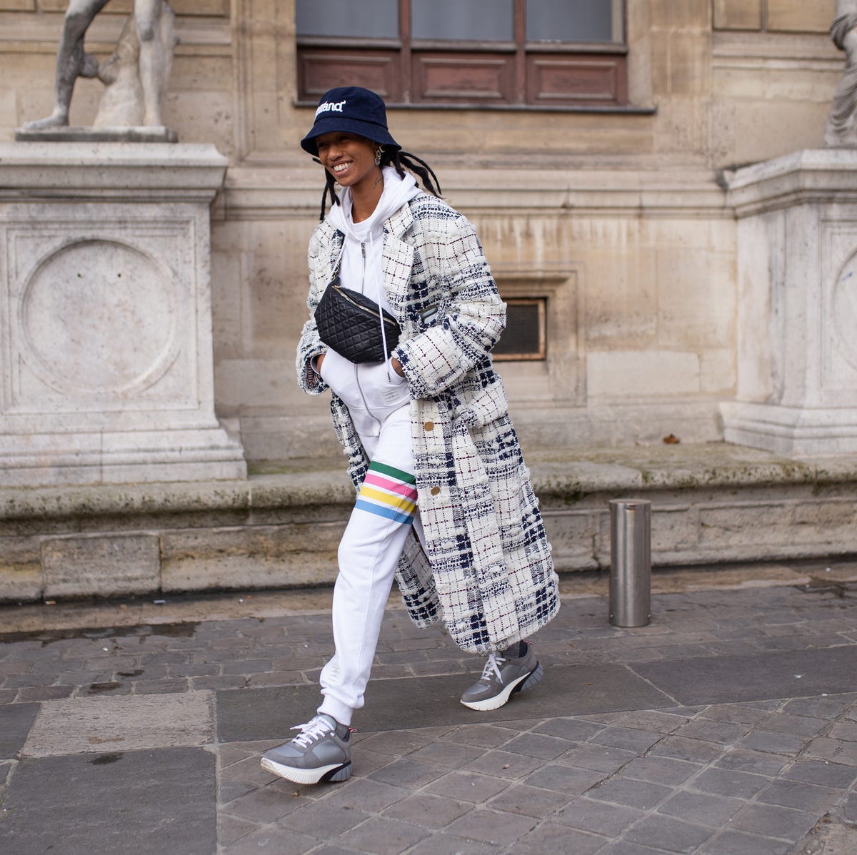 Plaid Coat Over Hoodie and Sweatpants Set With Black Bucket Hat — Trendy Athleisure Outfits