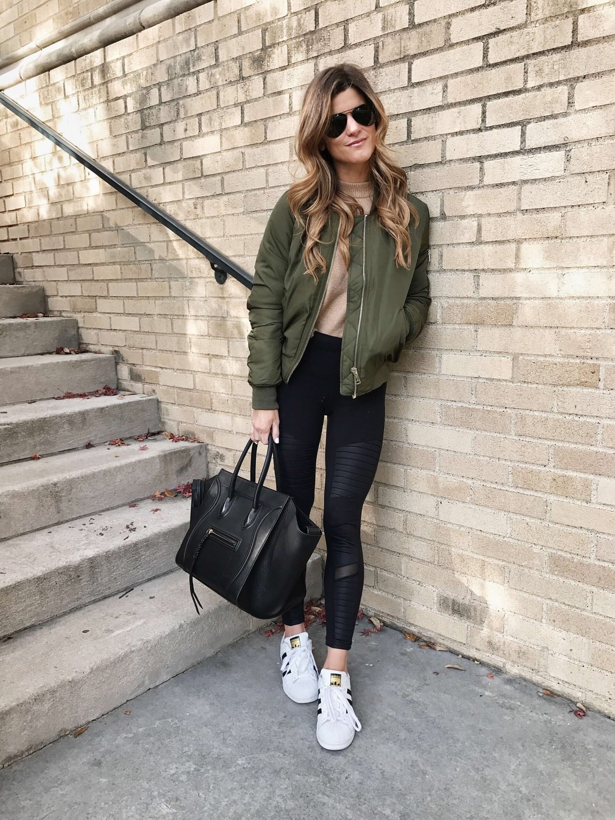 Bomber Jacket Over Mock Neck and Textured Leggings, Olive Green — Trendy Athleisure Outfits