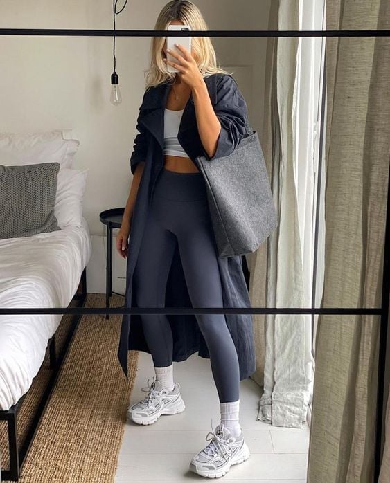 Trench Coat Over Crop Top and Fitted Leggings — Trendy Athleisure Outfits