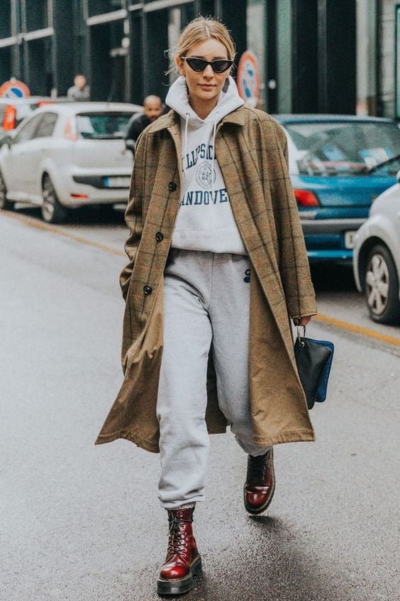 Plaid Trench Coat with Graphic Hoodie and Sweatpants — Trendy Athleisure Outfits