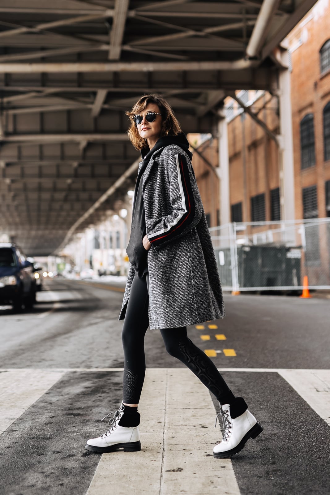 Striped Coat Over Hoodie and Black Leggings — Trendy Athleisure Outfits