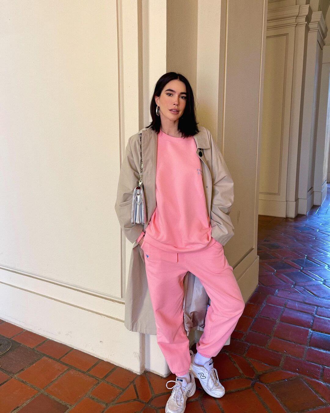 Trench Coat with Pink Matching Set and Sneakers — Trendy Athleisure Outfits