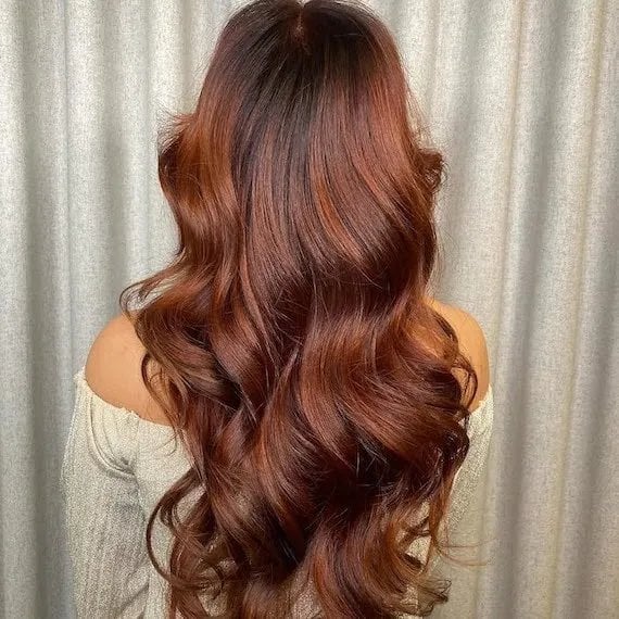 Mid-Back Auburn With Copper Highlights, Wavy Mid-Back Auburn With Copper Highlights, Wavy — Trendy Auburn Hair Color