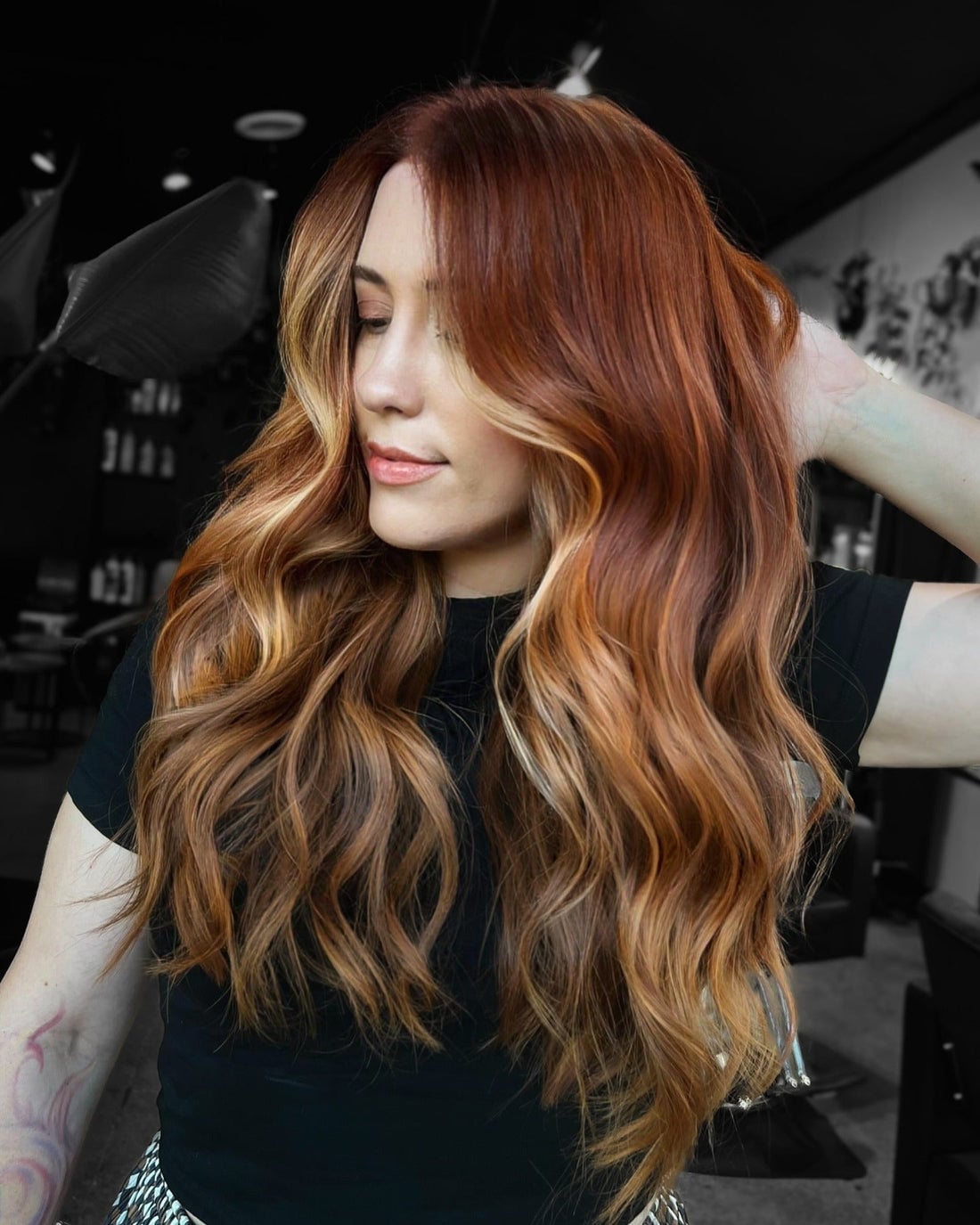 Mid-Back Auburn With Blonde Balayage Mid-Back Auburn With Blonde Balayage — Trendy Auburn Hair Color