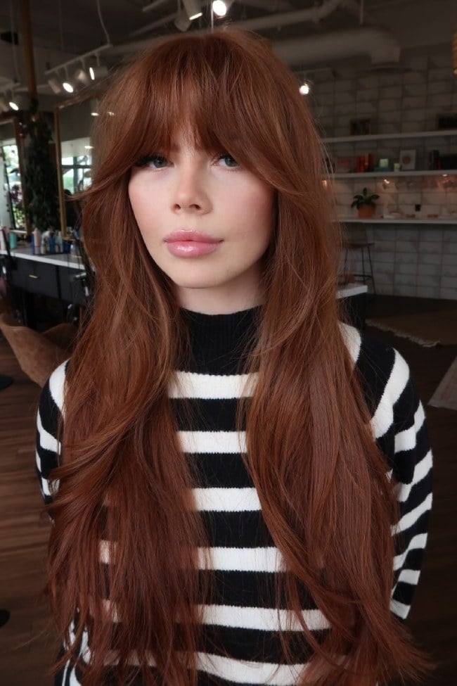 Long Copper Auburn With Curtain Bangs Long Copper Auburn With Curtain Bangs — Trendy Auburn Hair Color