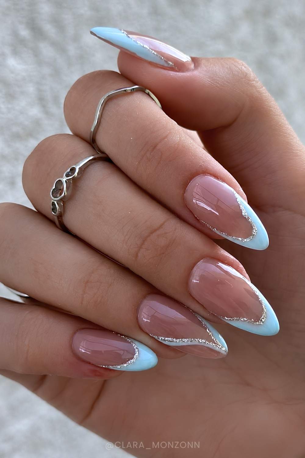 Sharp Almond French With Silver Outline — Trendy Baby Blue Nails