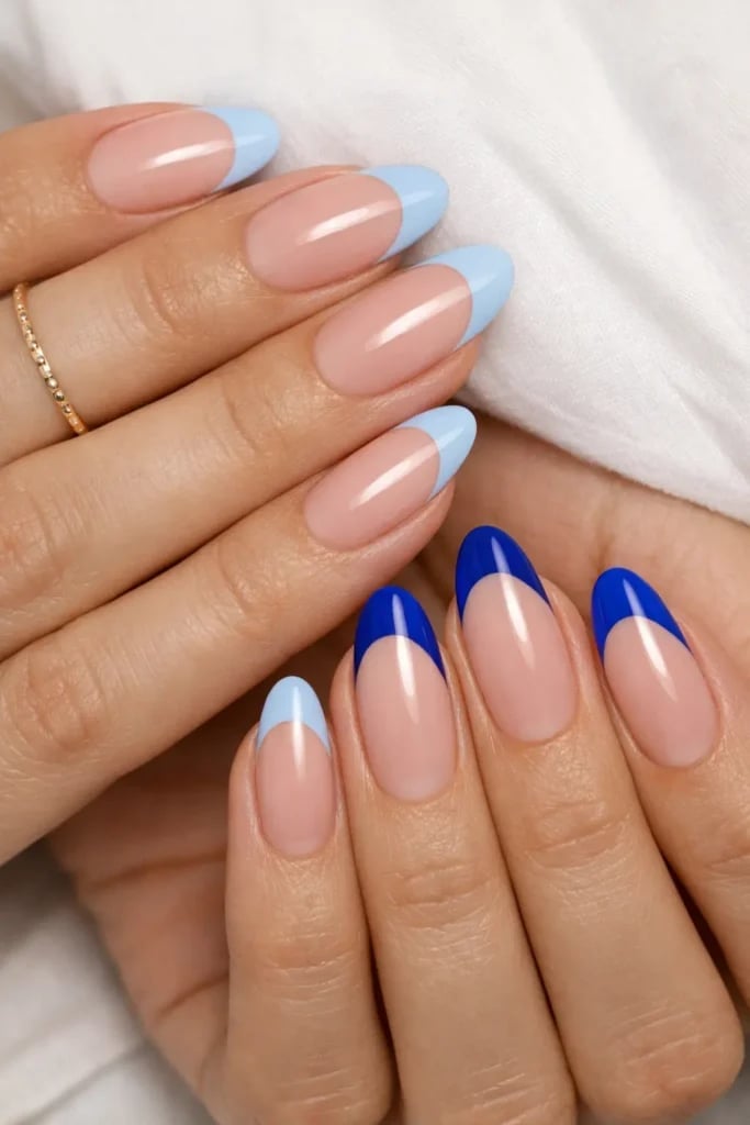 Medium Oval Contrasting Blue French Tips — Trendy Baby Blue Nails