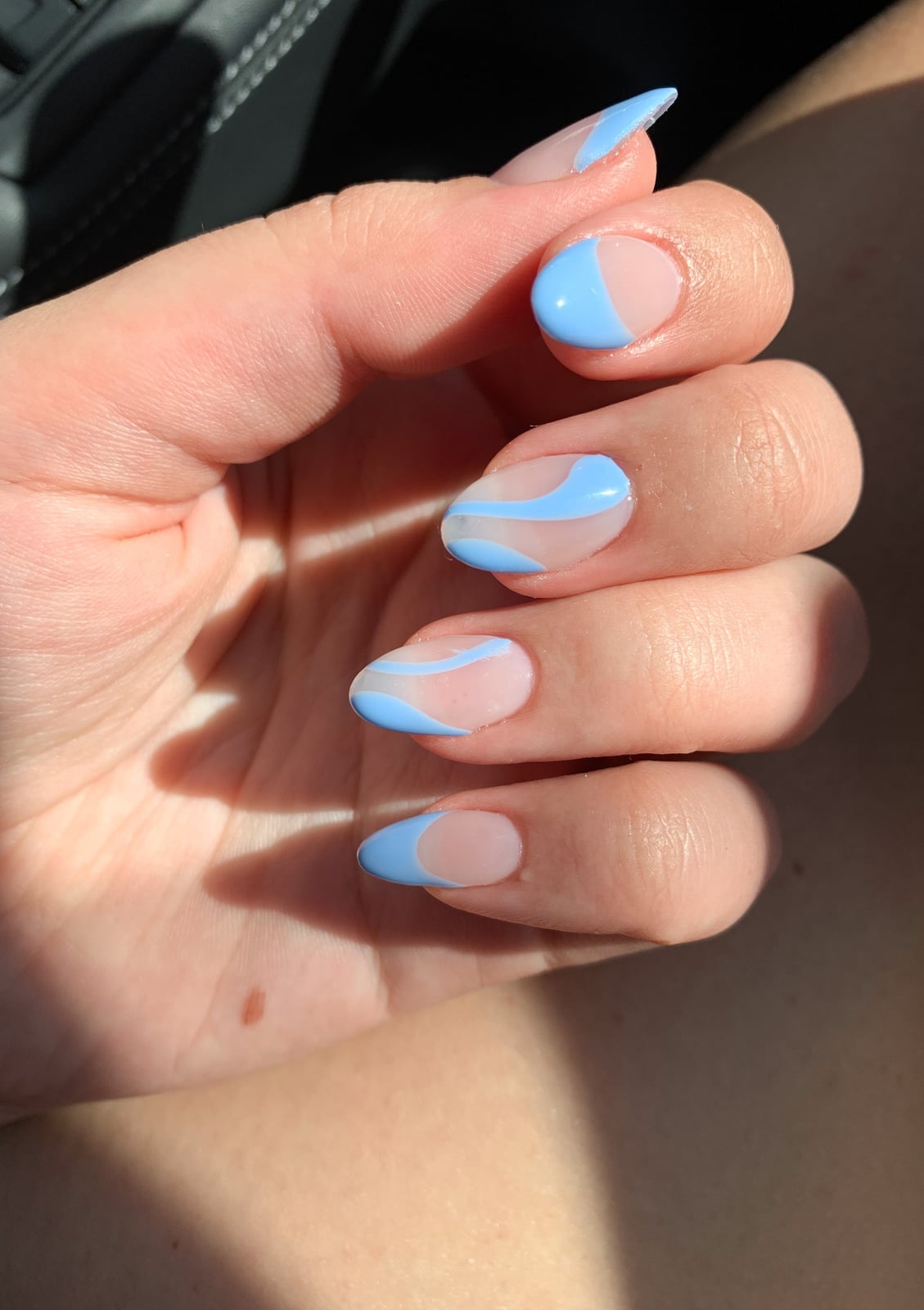 Medium Almond French With Baby Blue Swirls — Trendy Baby Blue Nails