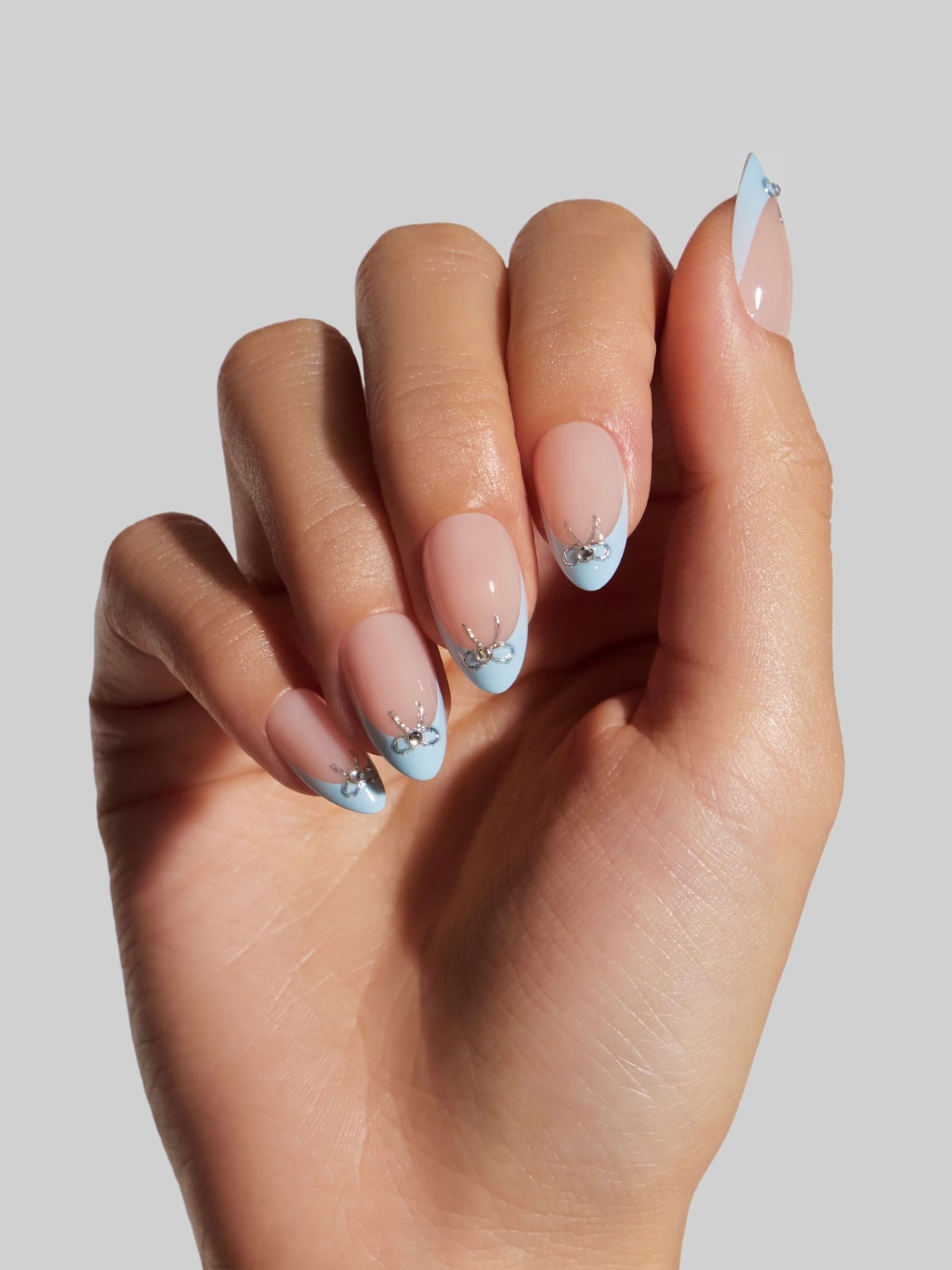 Medium Almond French With Silver Embellishments — Trendy Baby Blue Nails