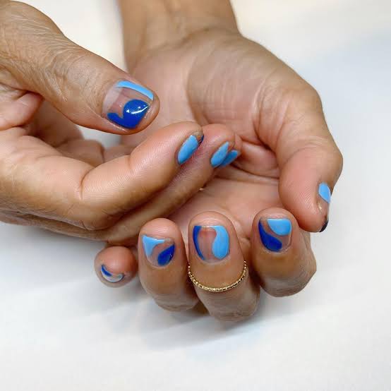 Short Square Abstract Blue Design — Trendy Baby Blue Nails