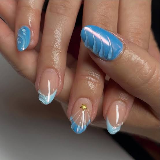 Short Almond Blue French With 3D Drops — Trendy Baby Blue Nails
