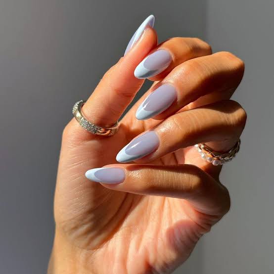 Short Almond French With Lavender And Blue Tips — Trendy Baby Blue Nails