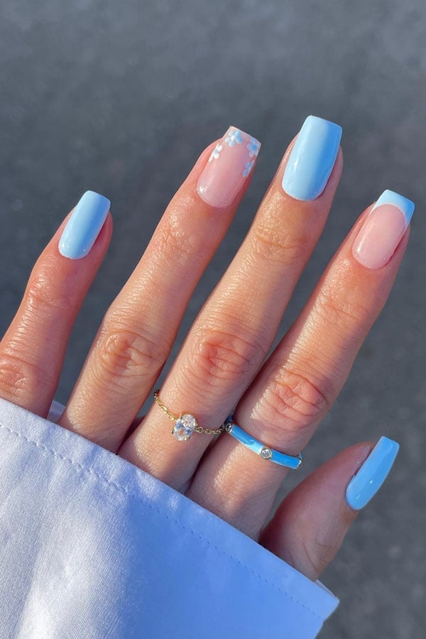 Short Square French With Blue Floral Accents — Trendy Baby Blue Nails