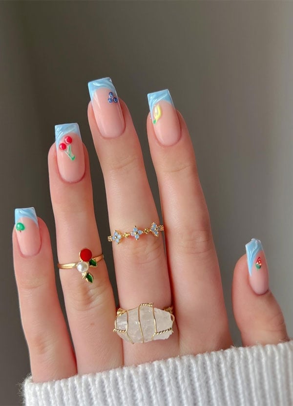 Medium Square French With Tiny Motifs — Trendy Baby Blue Nails