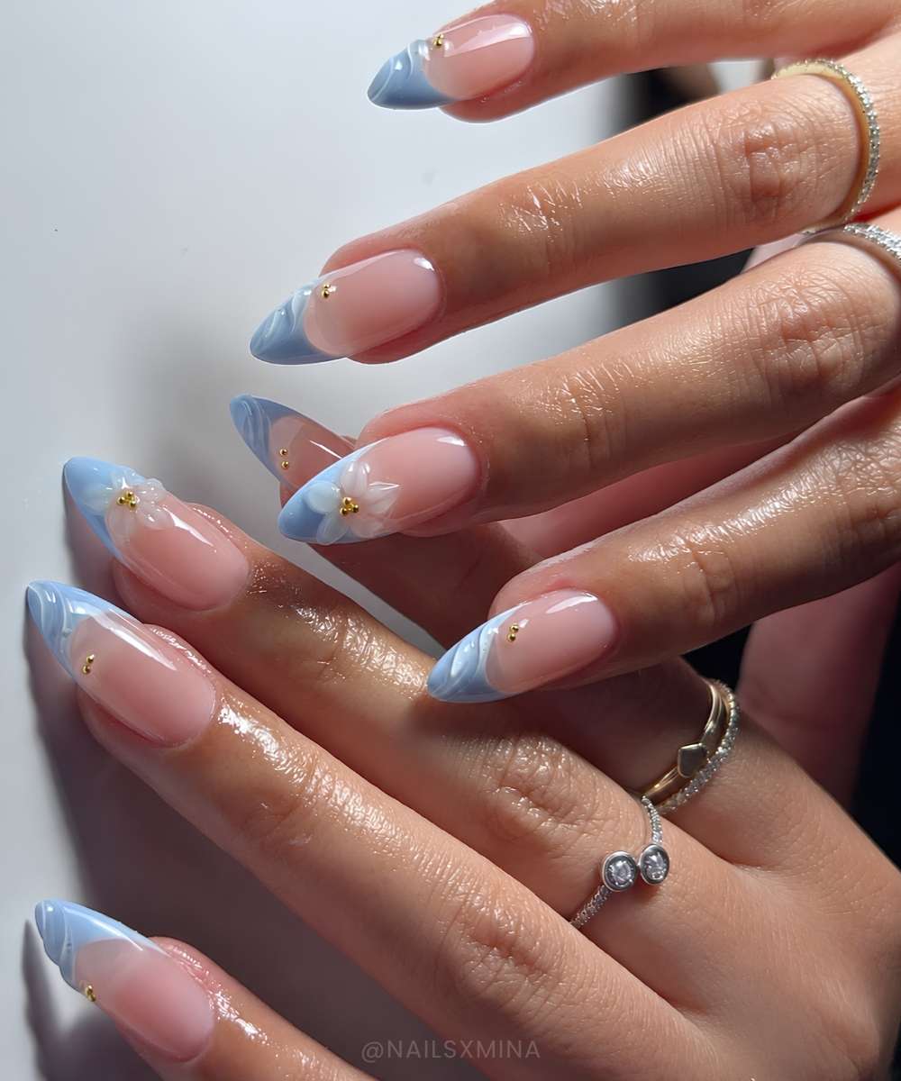 Long Almond French With 3D Flowers And Gold Beads — Trendy Baby Blue Nails