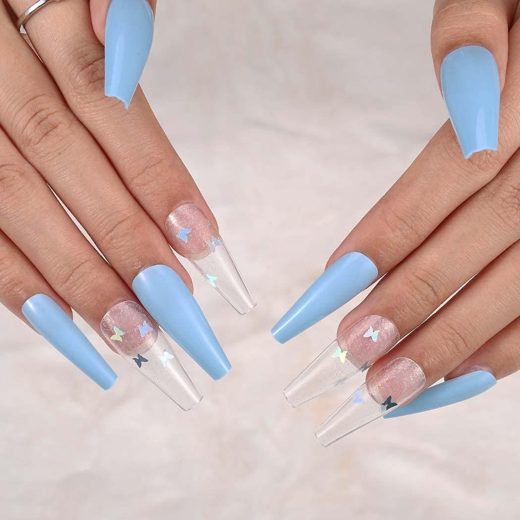 Long Coffin Baby Blue With Glitter Butterflies — Trendy Baby Blue Nails