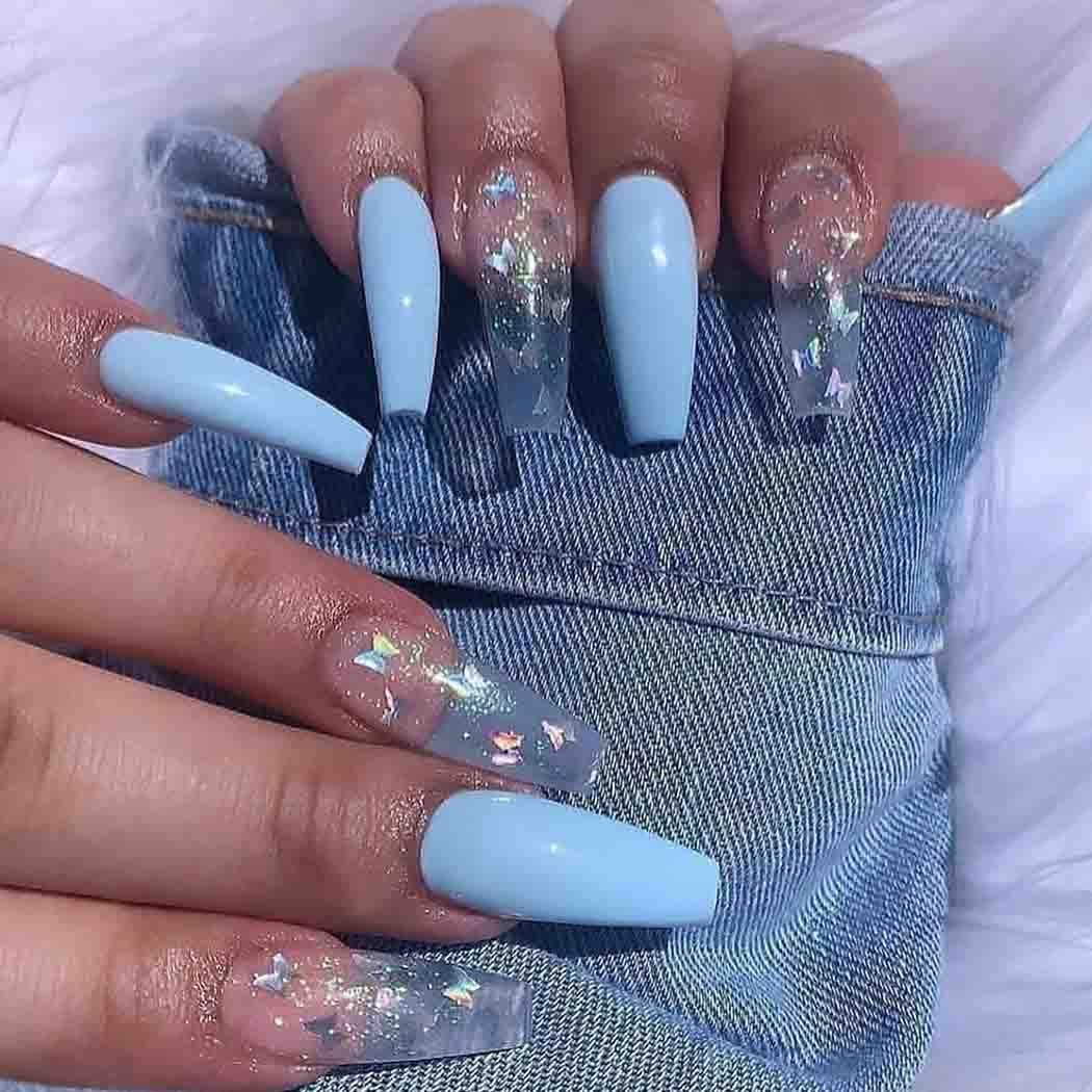 Long Coffin Baby Blue With Butterfly Decals — Trendy Baby Blue Nails