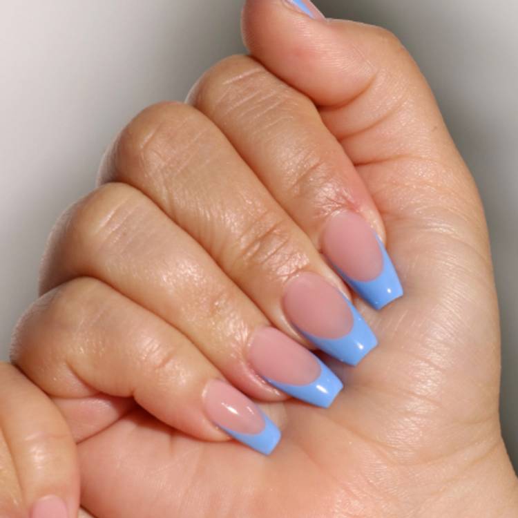 Long Square Baby Blue French Tips, Glossy — Trendy Baby Blue Nails