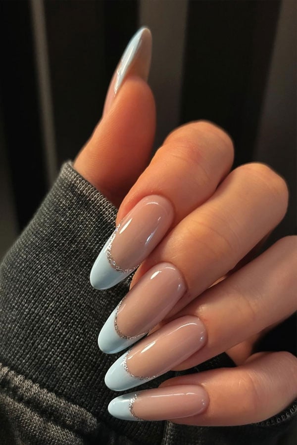 Long Oval French With Silver Glitter Line — Trendy Baby Blue Nails