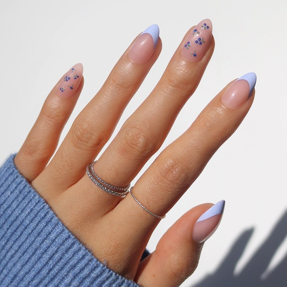Medium Almond French With Blue Floral Accents — Trendy Baby Blue Nails