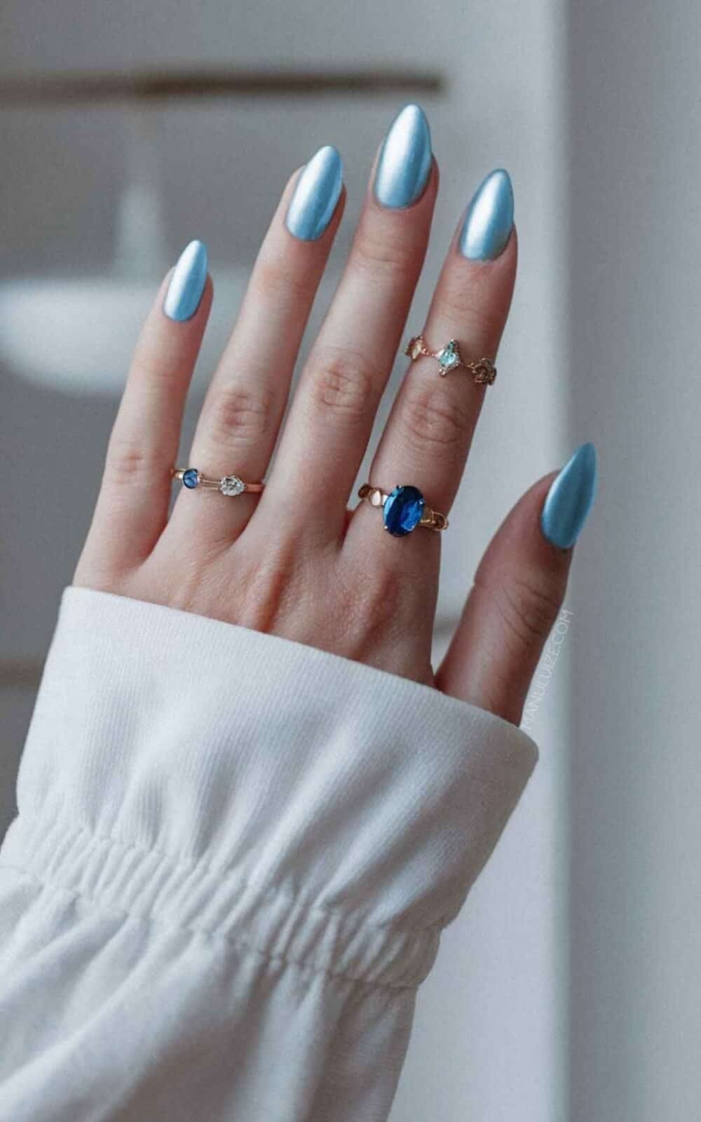 Medium Almond Solid Baby Blue With White Flowers — Trendy Baby Blue Nails