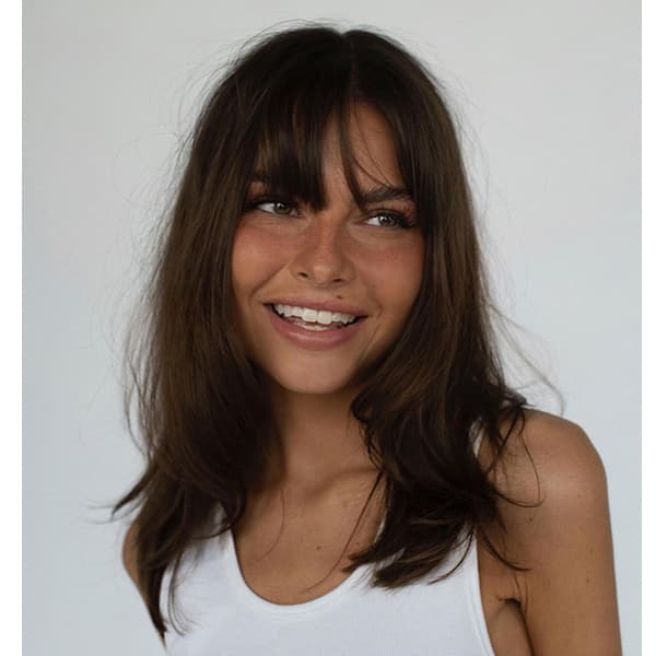Medium Brown Shoulder Length Waves Side Curtain Bangs, Wavy Medium Brown Shoulder Length Waves Side Curtain Bangs, Wavy — Trendy Bangs Style
