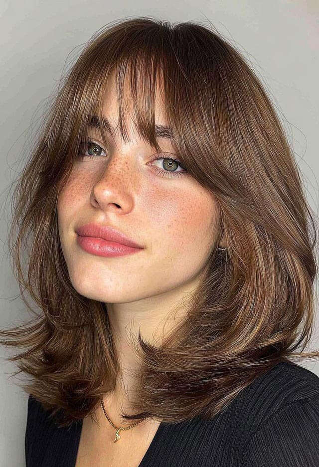 Collarbone Layers With Soft Curtain Bangs Collarbone Layers With Soft Curtain Bangs — Trendy Bangs Style