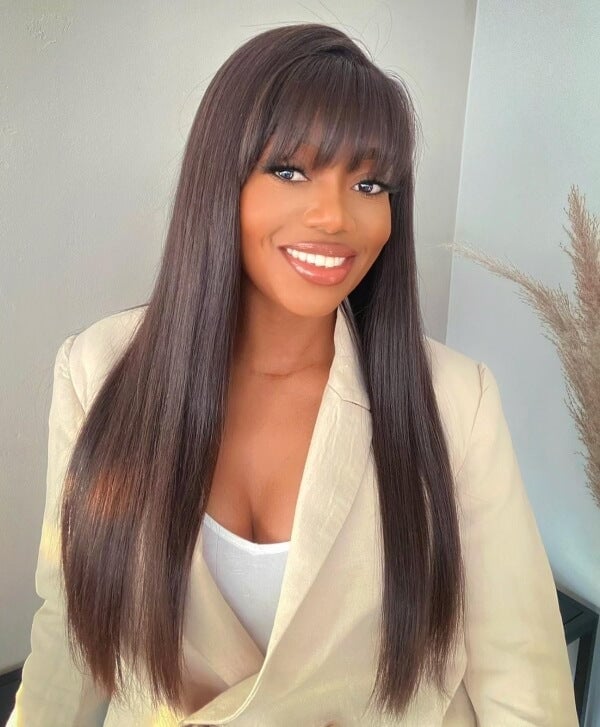 Mid-Back Length Blunt Cut With Blunt Bangs Mid-Back Length Blunt Cut With Blunt Bangs — Trendy Bangs Style