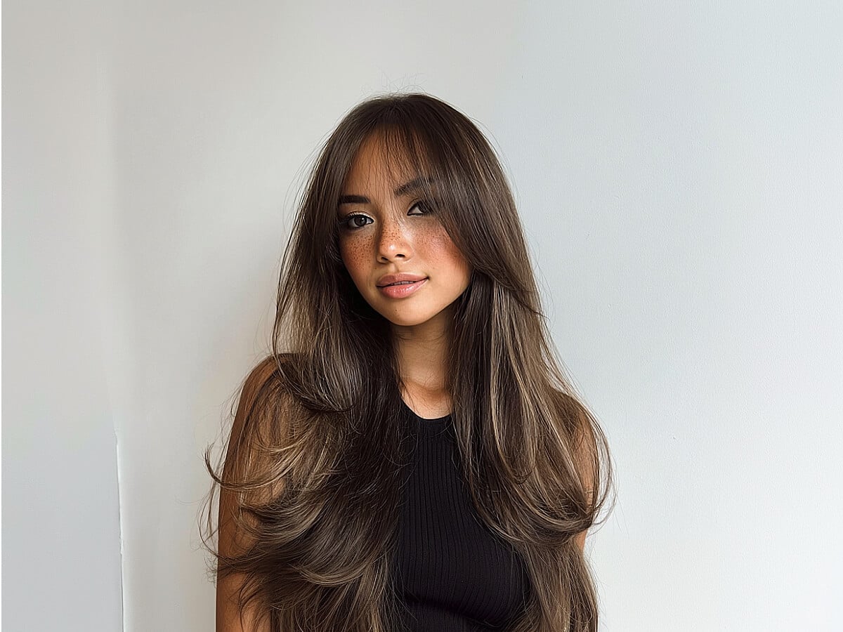 Mid-Back Dark Brown With Voluminous Curtain Bangs Mid-Back Dark Brown With Voluminous Curtain Bangs — Trendy Bangs Style