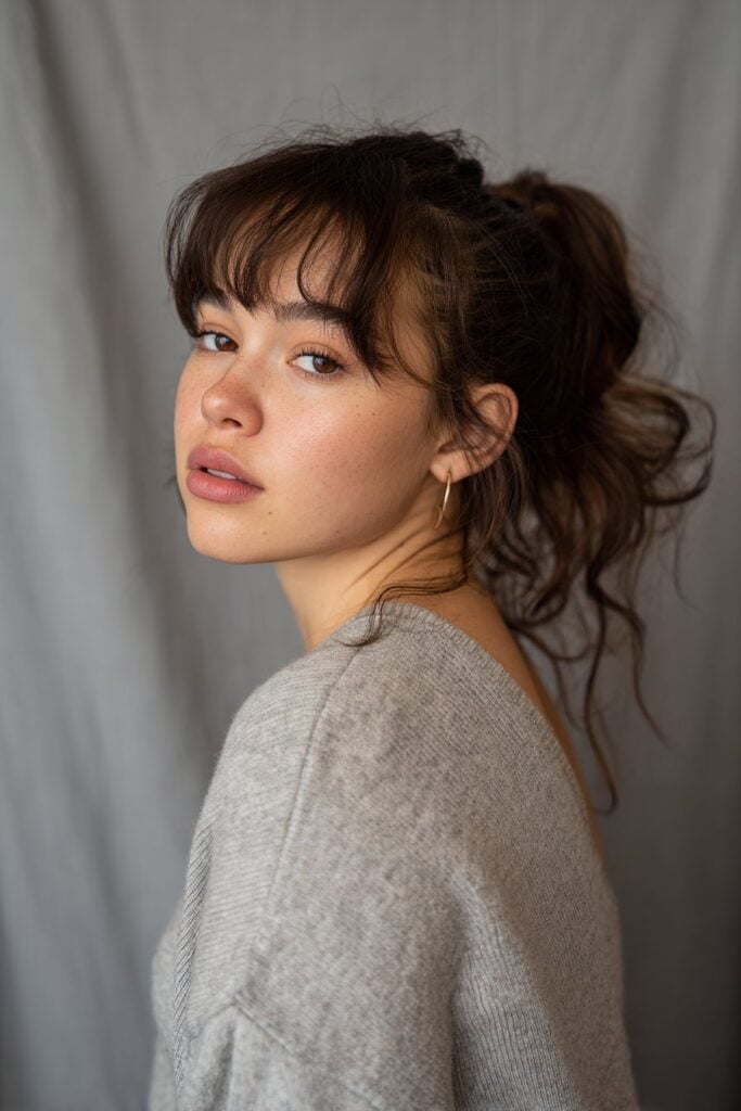 Mid-Back Wavy Messy Ponytail With Wispy Bangs Mid-Back Wavy Messy Ponytail With Wispy Bangs — Trendy Bangs Style