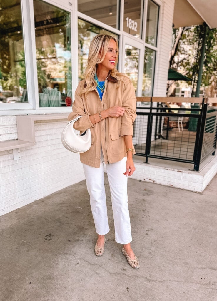 Beige Barn Jacket with Bright Blue Top Beige Barn Jacket with Bright Blue Top — Trendy Barn Jacket Outfit