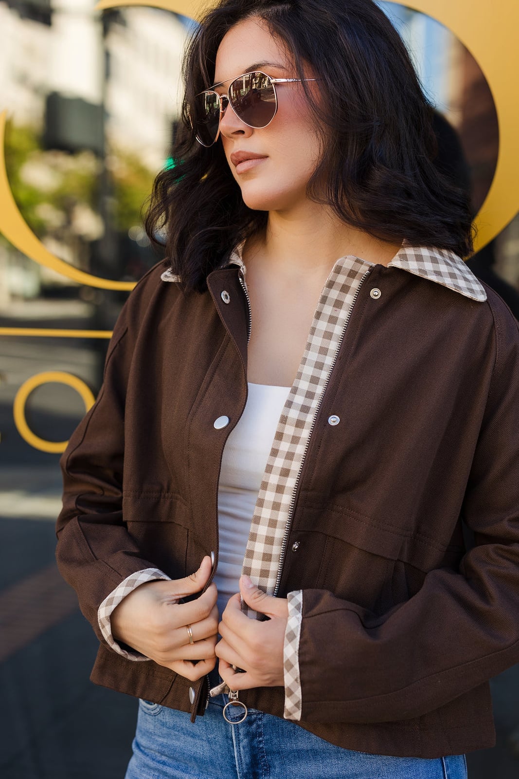 Brown Barn Jacket with Gingham Lining Brown Barn Jacket with Gingham Lining — Trendy Barn Jacket Outfit