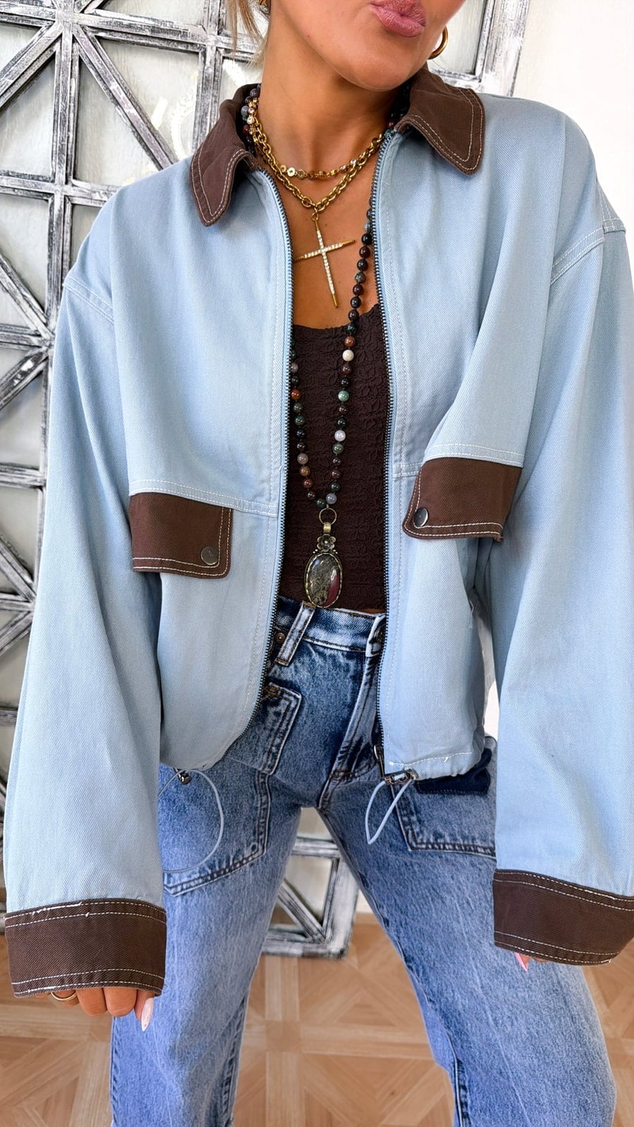 Light Blue Barn Jacket with Brown Trim Light Blue Barn Jacket with Brown Trim — Trendy Barn Jacket Outfit