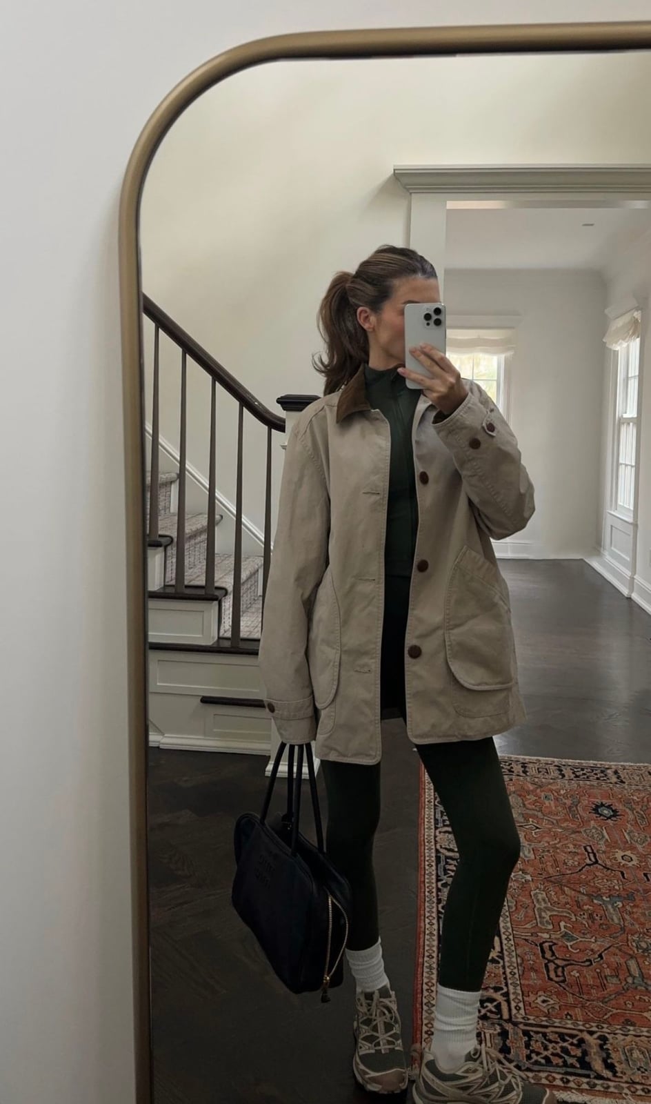 Beige Barn Jacket with Green Turtleneck Beige Barn Jacket with Green Turtleneck — Trendy Barn Jacket Outfit