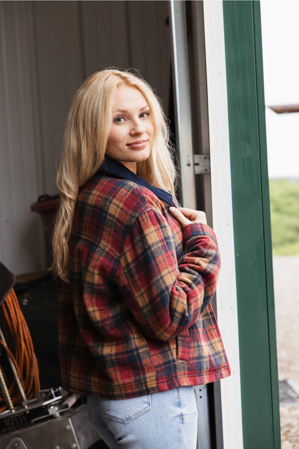 Red Navy and Tan Plaid Barn Jacket Red Navy and Tan Plaid Barn Jacket — Trendy Barn Jacket Outfit
