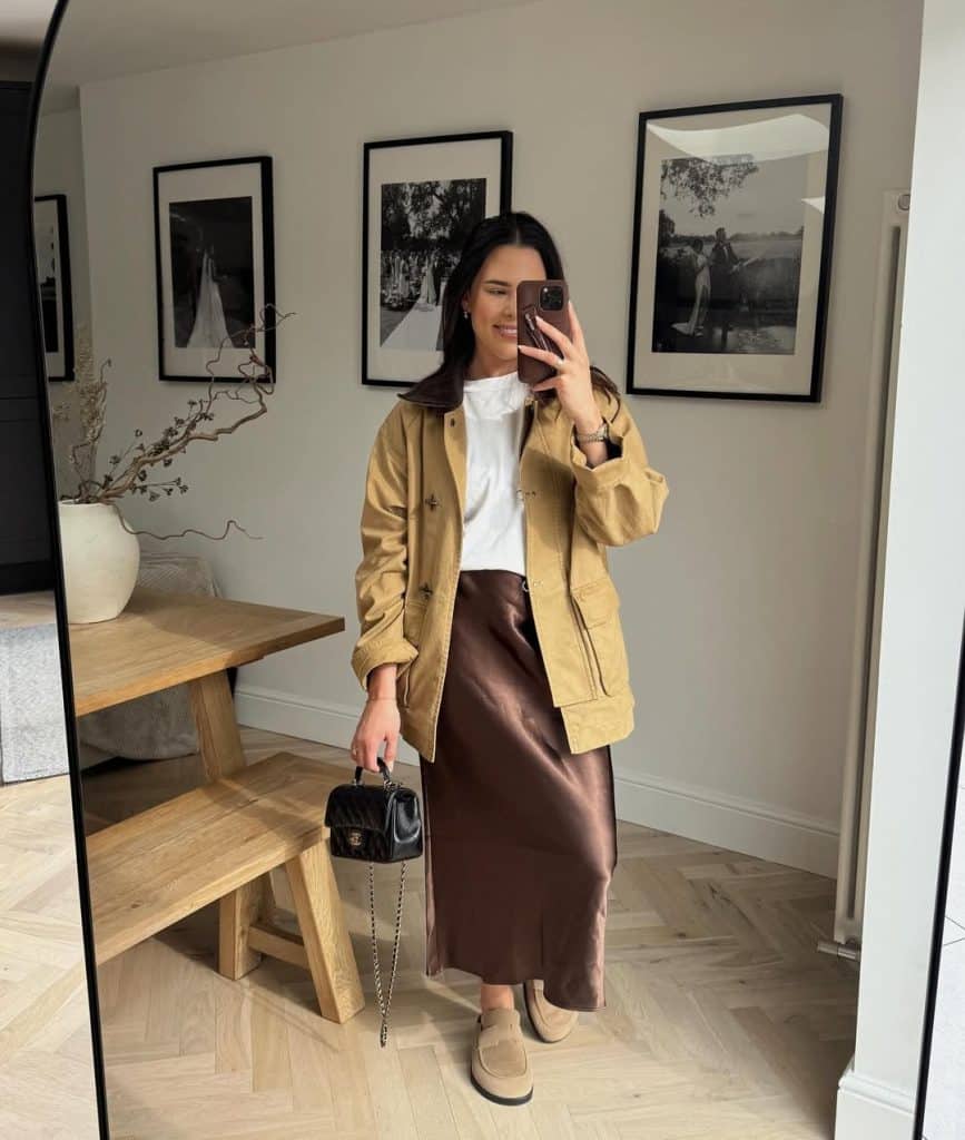 Beige Barn Jacket with Satin Midi Skirt Beige Barn Jacket with Satin Midi Skirt — Trendy Barn Jacket Outfit