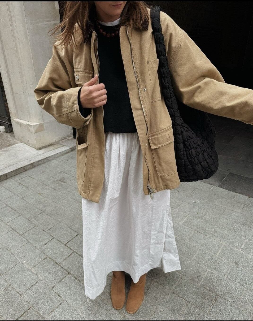 Tan Utility Jacket Over Black Sweater Tan Utility Jacket Over Black Sweater — Trendy Barn Jacket Outfit