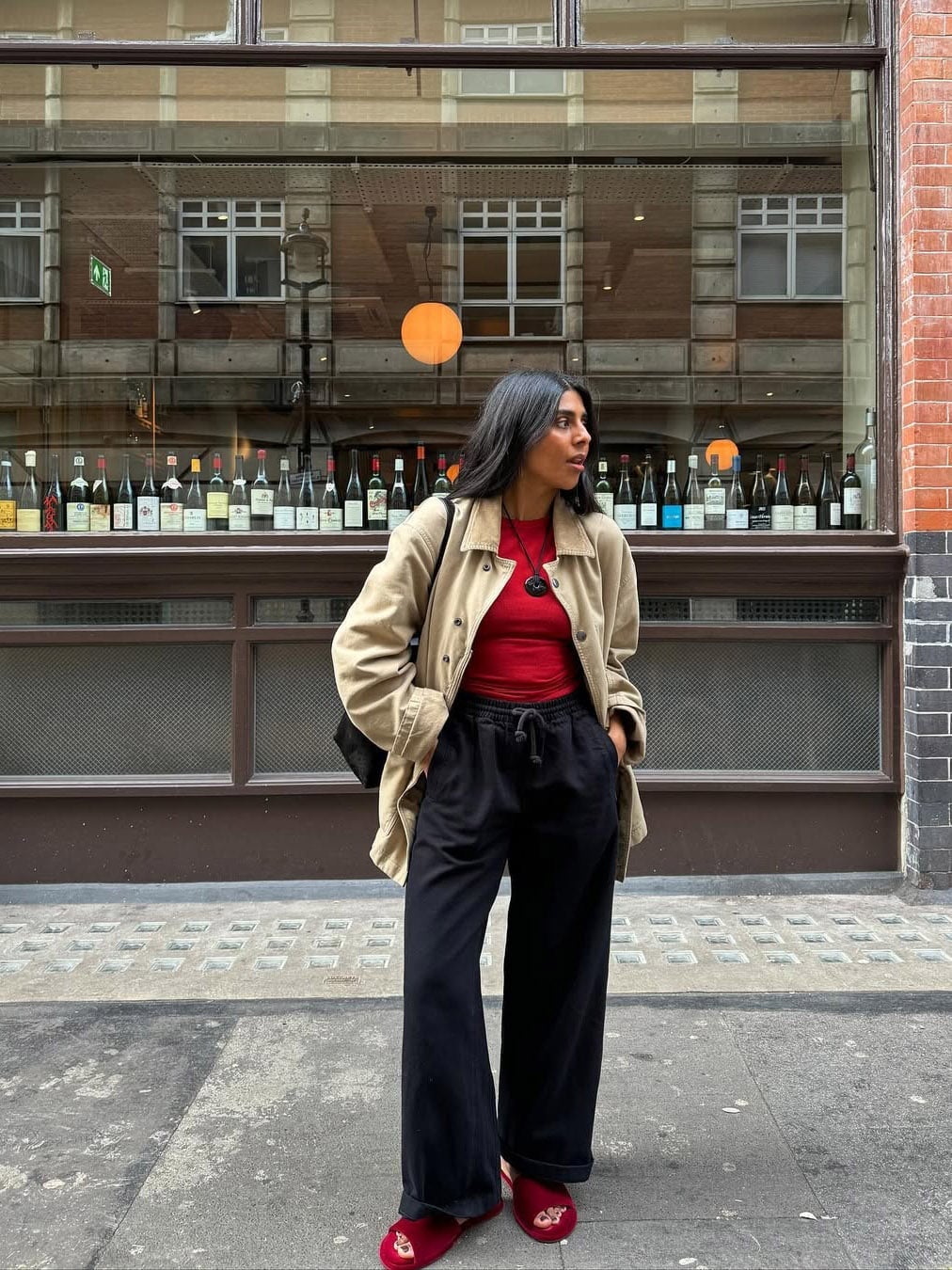 Beige Barn Jacket with Vibrant Red Top Beige Barn Jacket with Vibrant Red Top — Trendy Barn Jacket Outfit